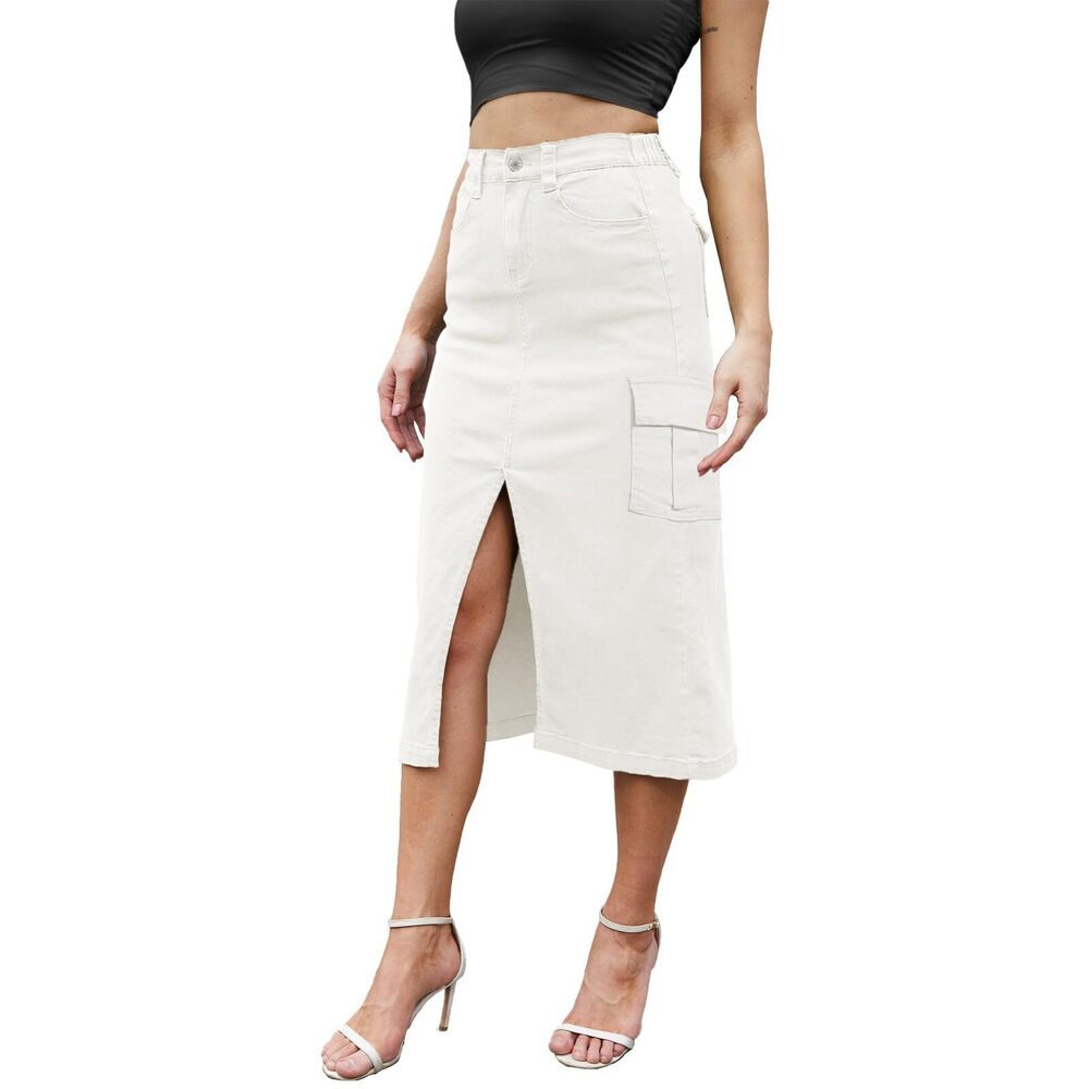 6195 Long Front Slit Cargo Skirt High Elastic Waist Cream Trendy Midi Solid